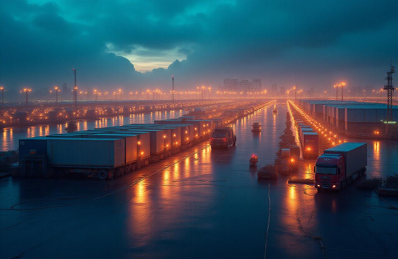Global logistics hub at dusk